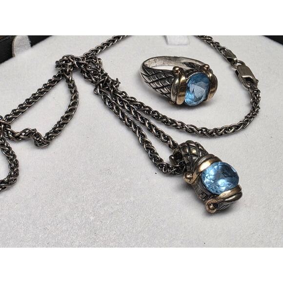 Ladies STERLING SILVER LIGHT BLUE TOPAZ NECKLACE And Ring Set - Picture 2 of 7